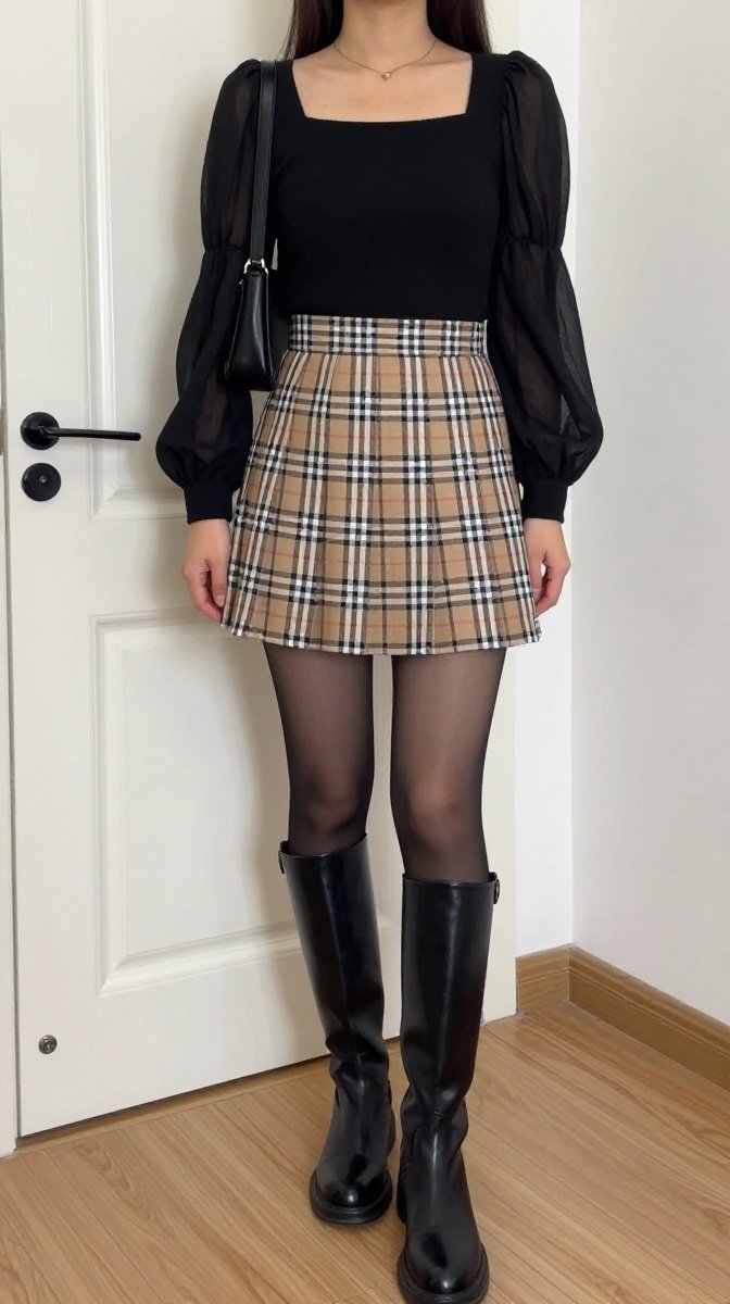 Black Cat Ear Headband + Plaid Mini Skirt Combo