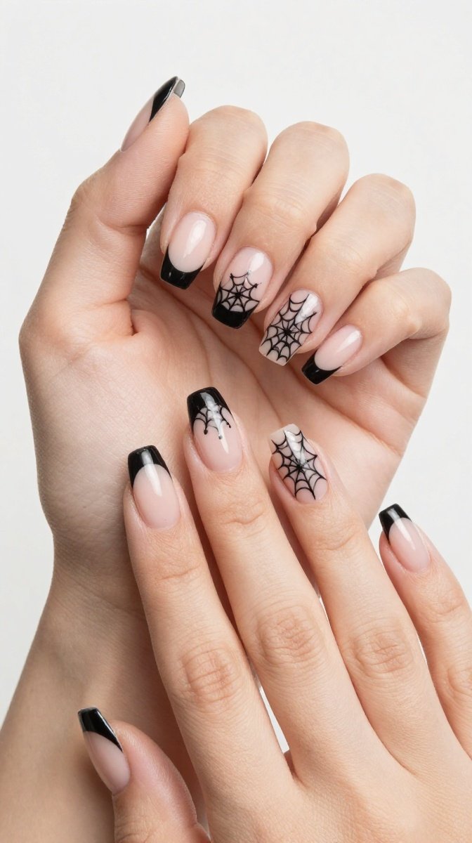 Black French Tips with Tiny Spiderweb Design