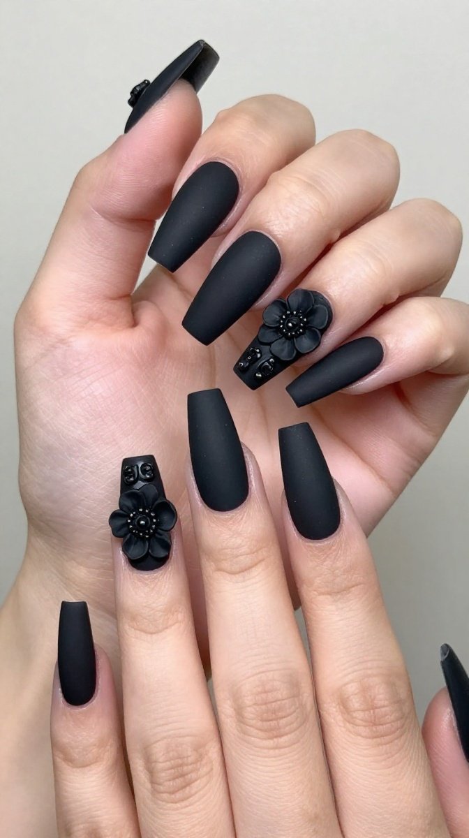 Black Matte Coffin Nails with 3D Floral Accents