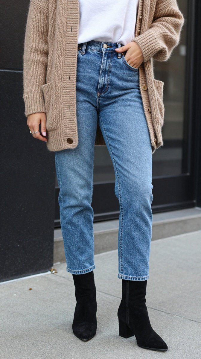 Boyfriend Jeans + Chunky Cardigan + Pointed-Toe Boots
