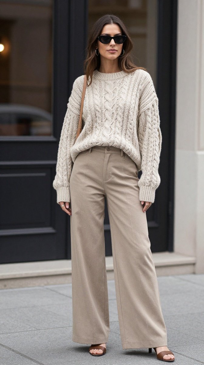 Cable-Knit Sweater + Wide-Leg Trousers
