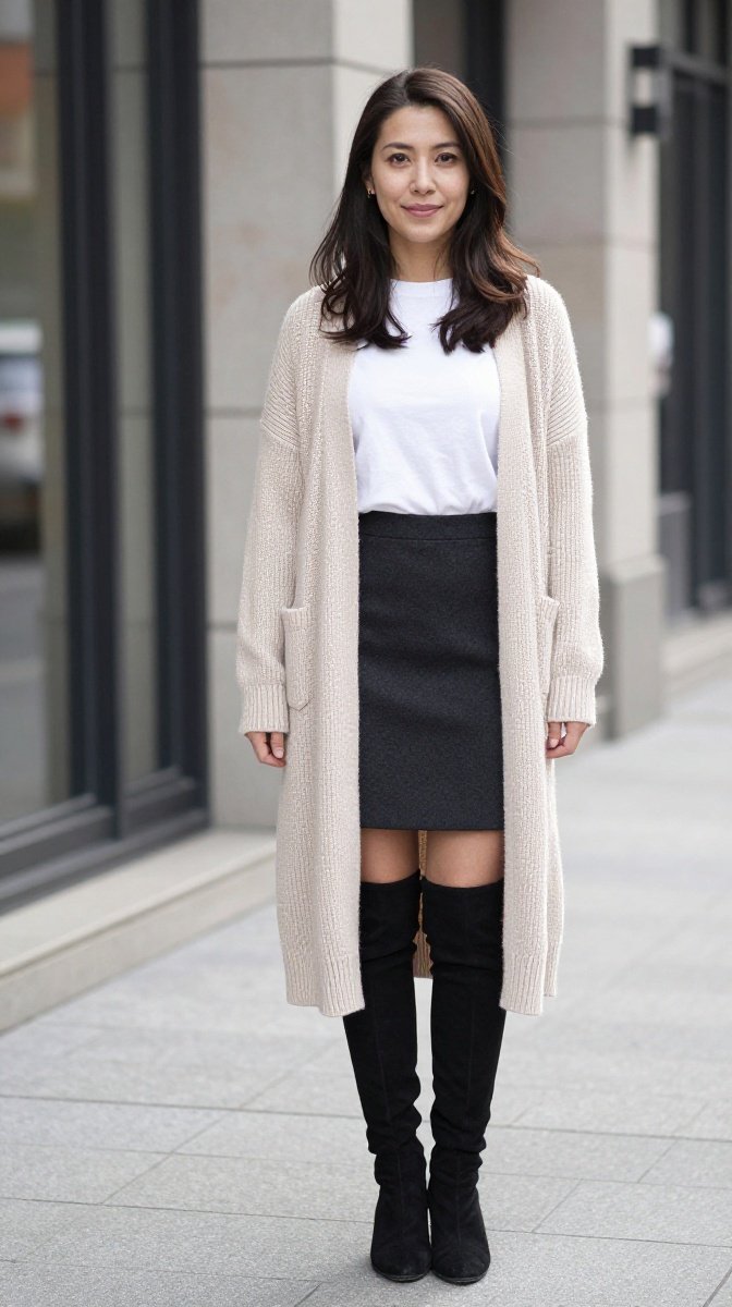 Cardigan + Mid-Length Skirt + Knee-High Boots