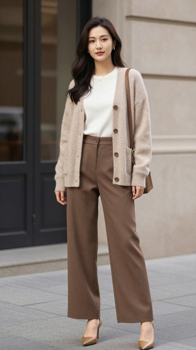Cashmere Cardigan + Wide-Leg Trousers + Heels