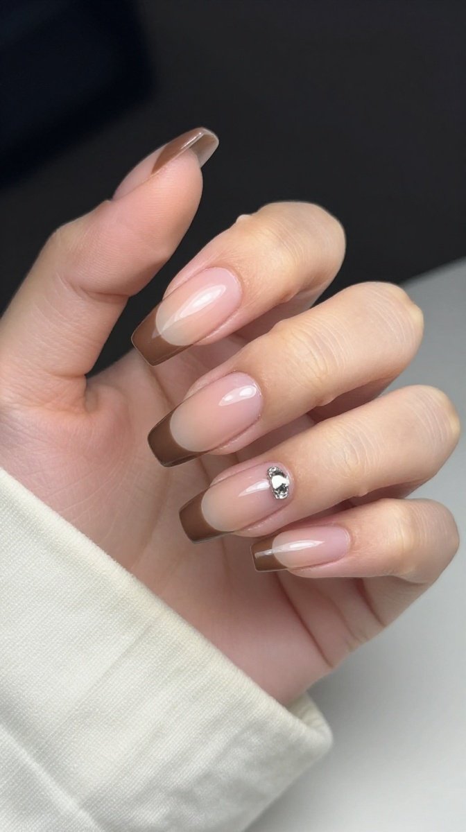 Chocolate Brown French Tip Coffin Nails