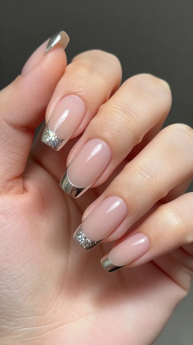 Chrome French Tip with Glitter Accent – Sparkle Upgrade