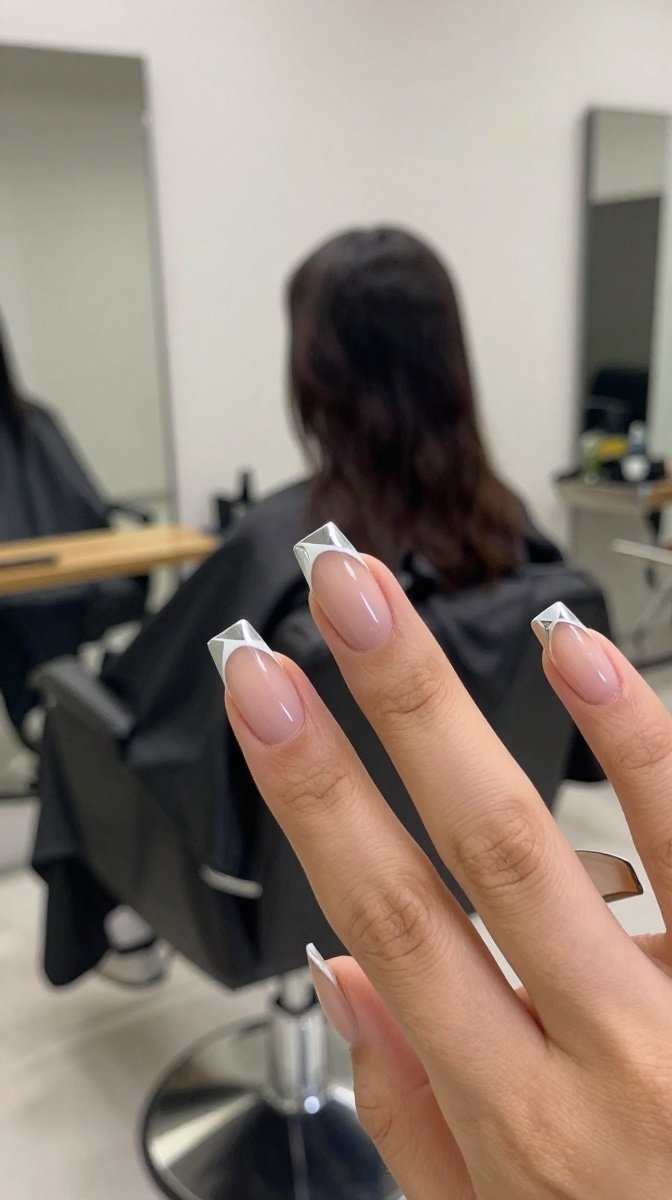 Chrome French Tip with a Modern Geometric Twist – Salon Vibes at Home