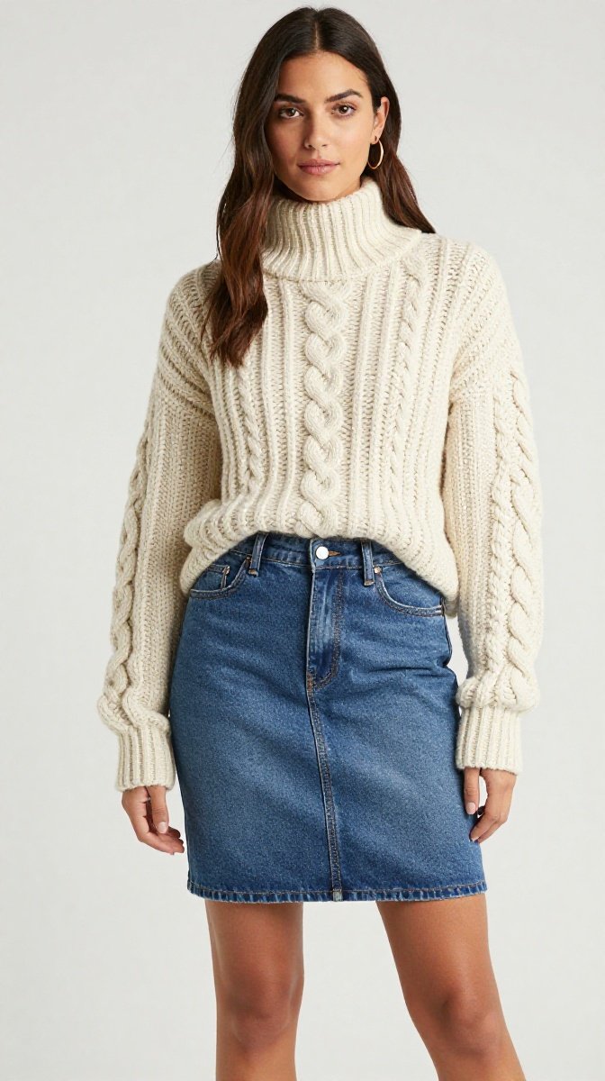 Chunky Cable Knit Pullover + Denim Skirt