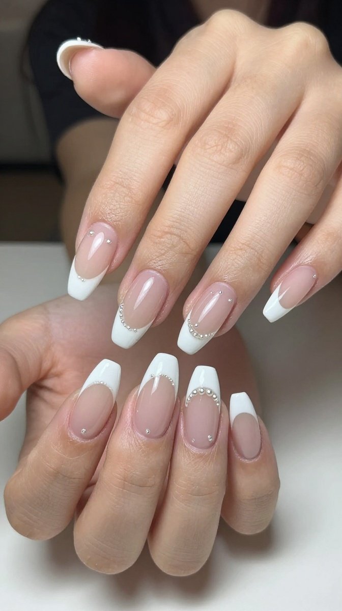 Classic White Coffin French Tip with Micro Pearls nails