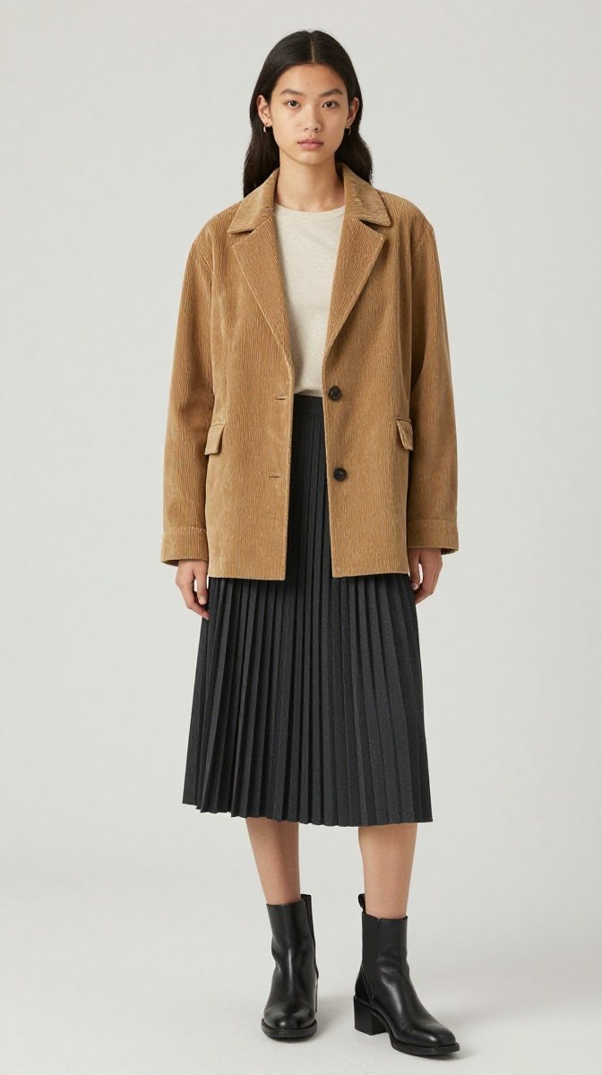 Corduroy Jacket + Pleated Skirt