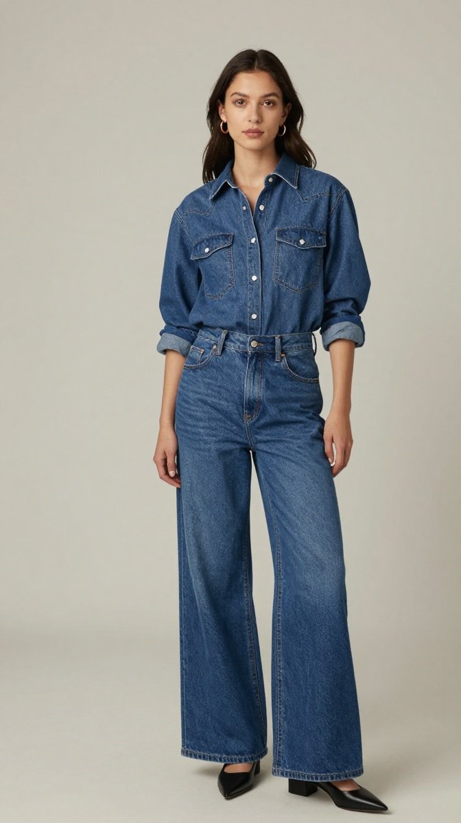 Denim Shirt + Wide-Leg Trousers