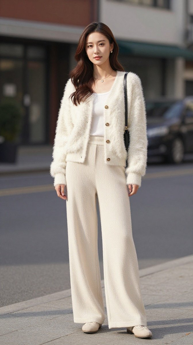 Fluffy Cardigan + Wide-Leg Pants