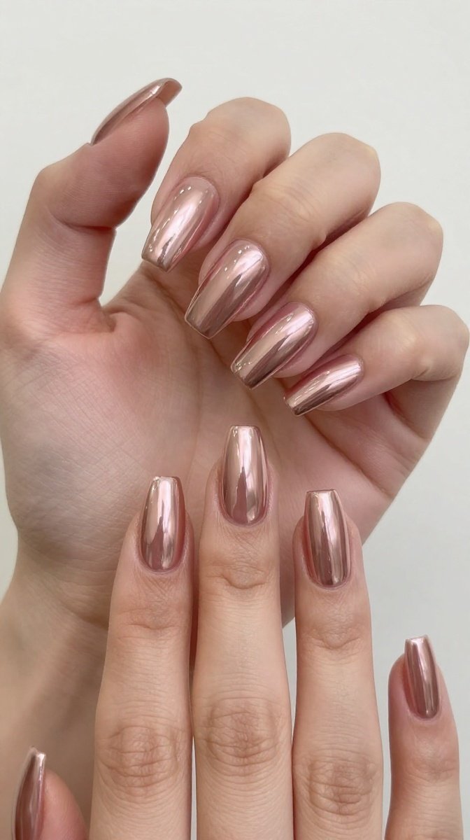 Glazed Rose Gold Chrome Coffin Nails