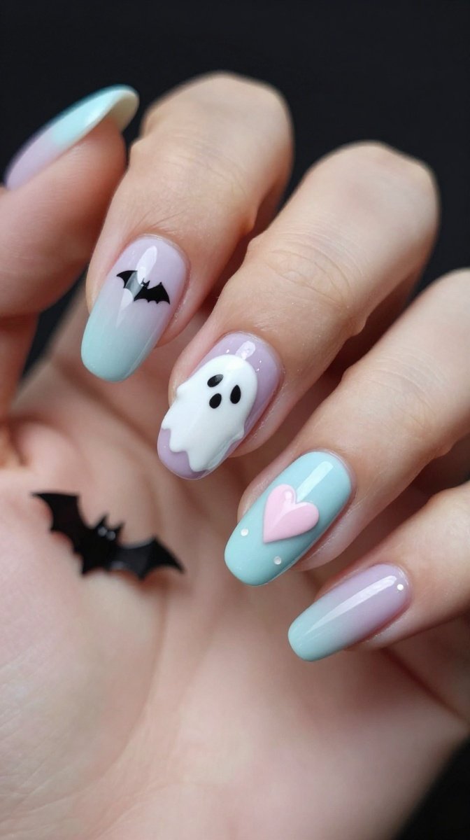 Glossy Pastel Ghost & Bat Nail Art