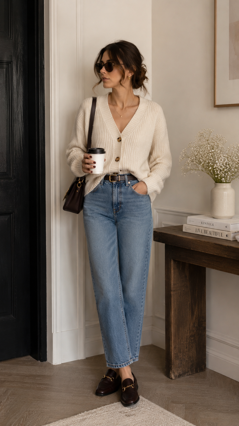 Knit Cardigan + Straight-Leg Jeans + Loafers