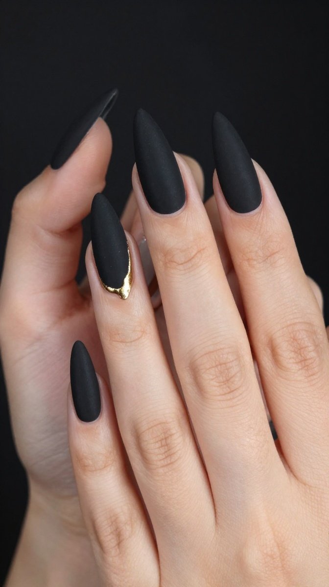Matte Black Stiletto Nails with Gold Drips – Edgy Luxury That’s Actually Easy