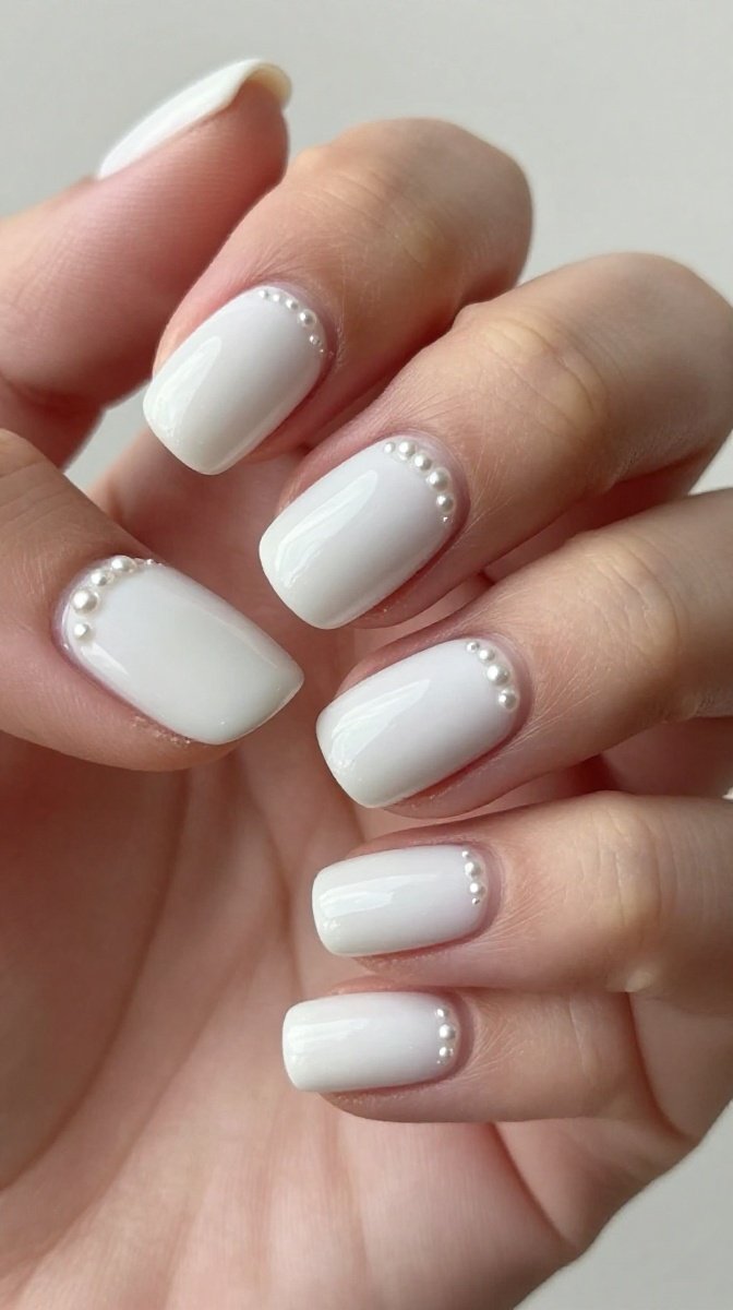 Milky White Round Nails with Subtle Pearl Accent