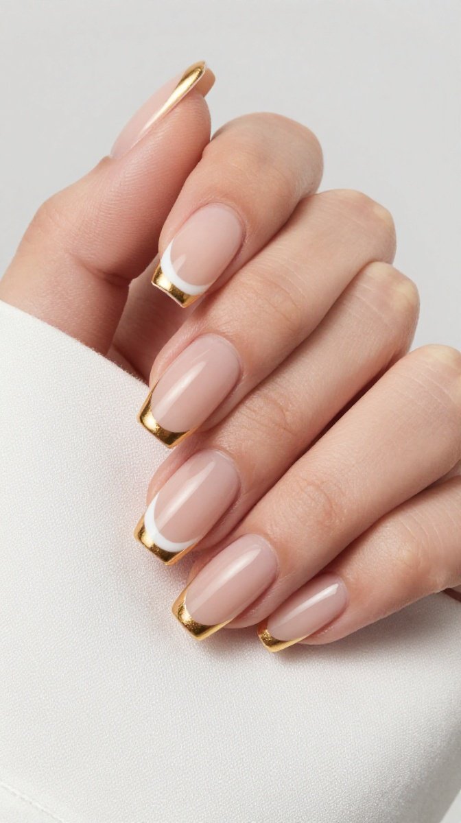 Nude Double French Tips with Gold Accent – Your “No Makeup, No Problem” Nails