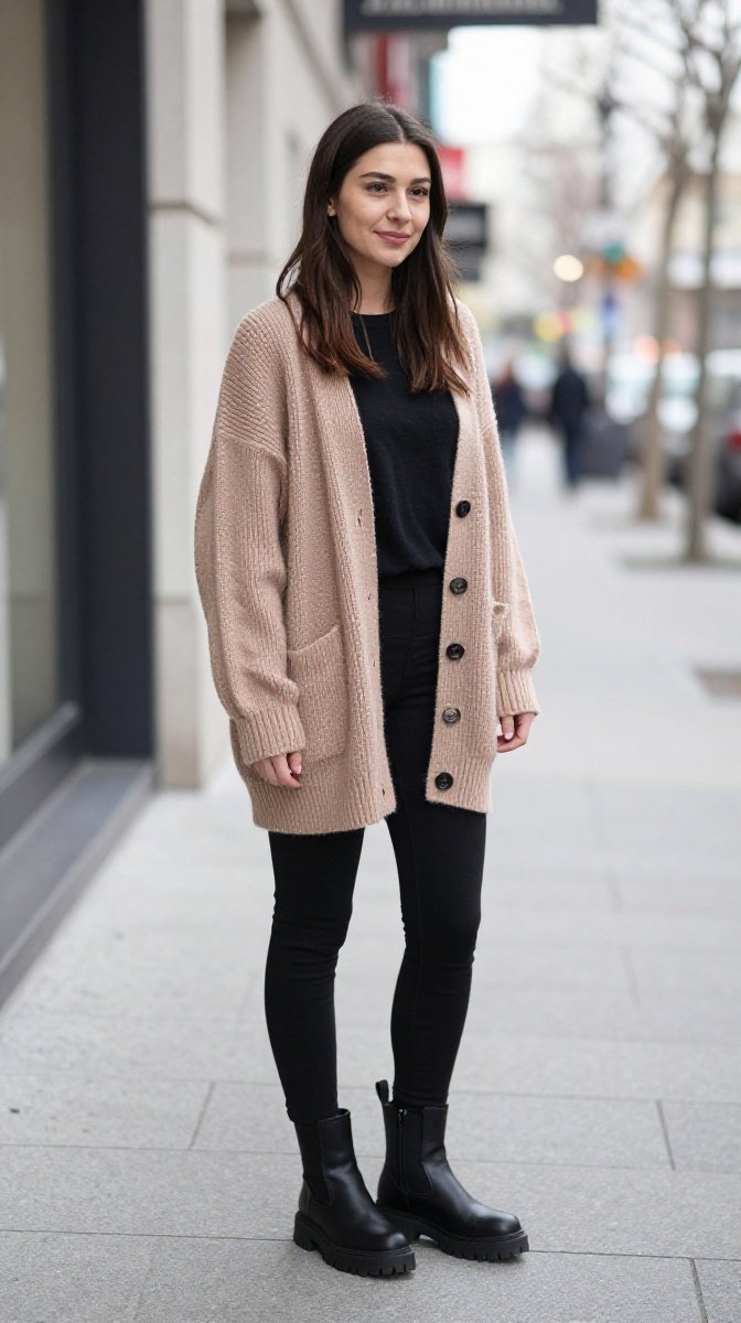 Oversized Cardigan + Black Leggings + Chunky Boots