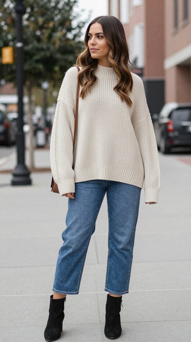 Oversized Knit Sweater + Barrel Jeans + Ankle Boots