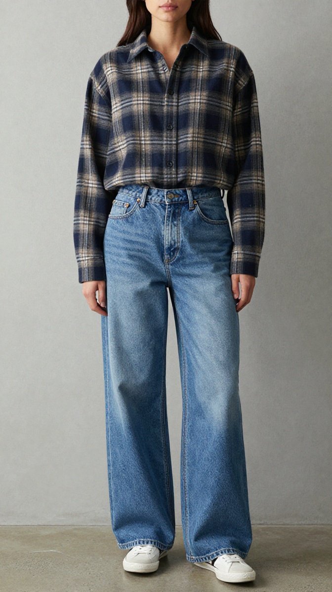 Plaid Flannel Shirt + Wide-Leg Jeans