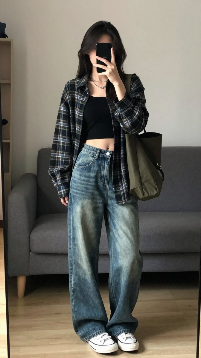 Plaid Shirt + Wide-Leg Jeans