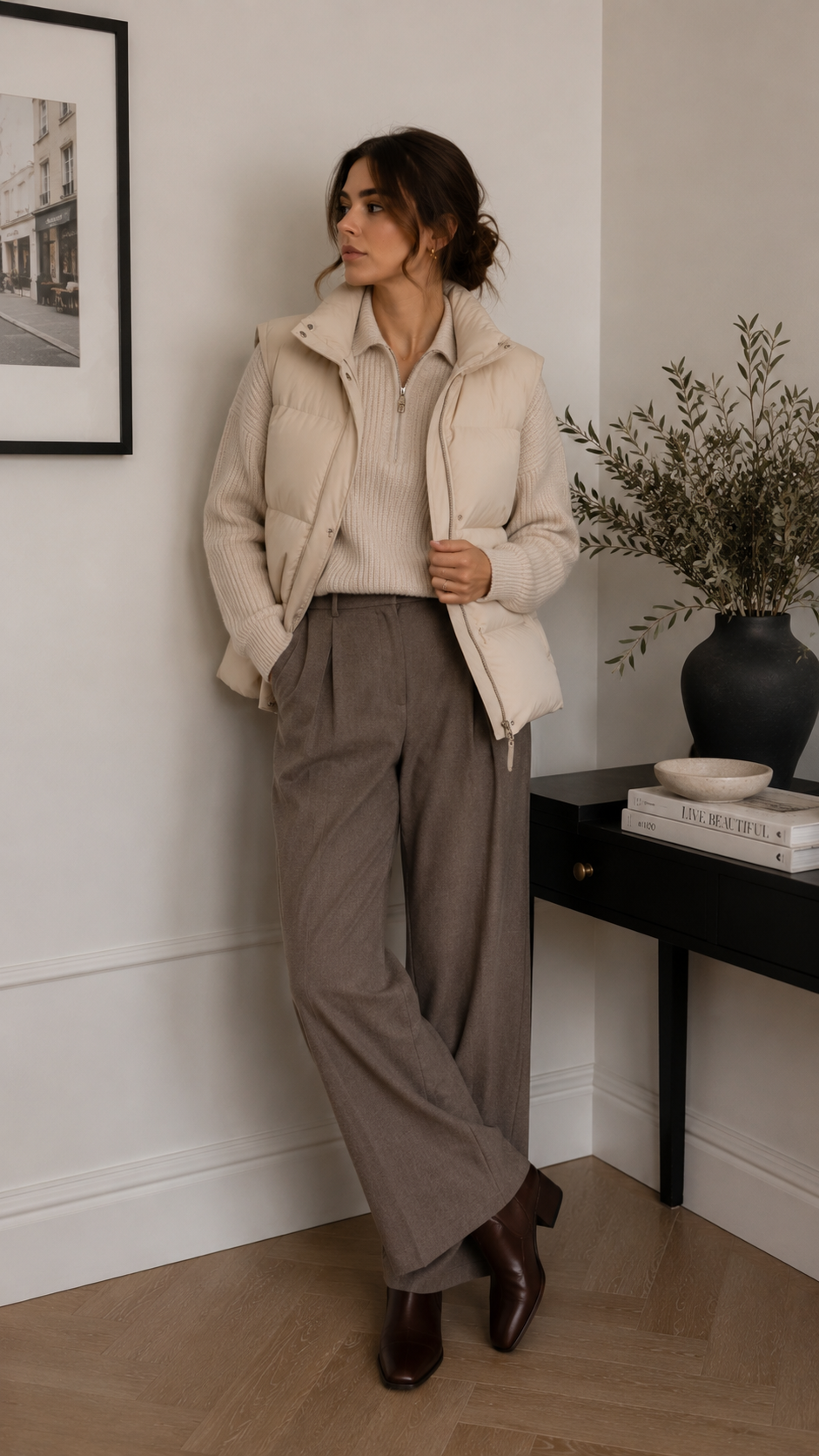 Puffer Vest + Wide-Leg Pants + Ankle Boots