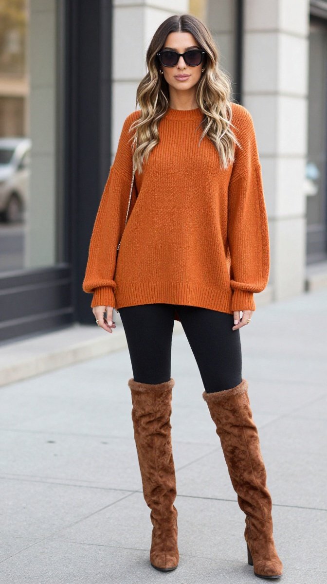 Pumpkin Spice Sweater + Fuzzy Knee-High Boots