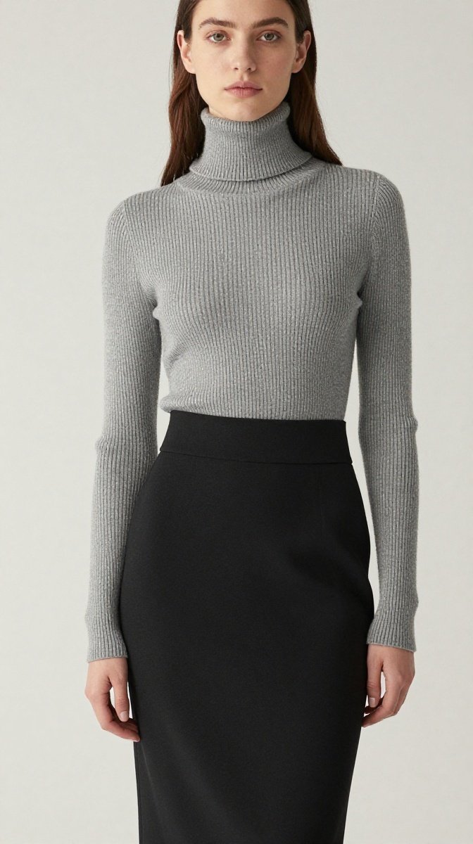 Ribbed Turtleneck Sweater + High-Waisted Skirt