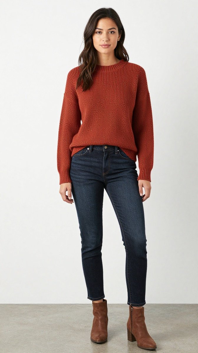 Rust Sweater + Dark-Wash Jeans + Ankle Boots