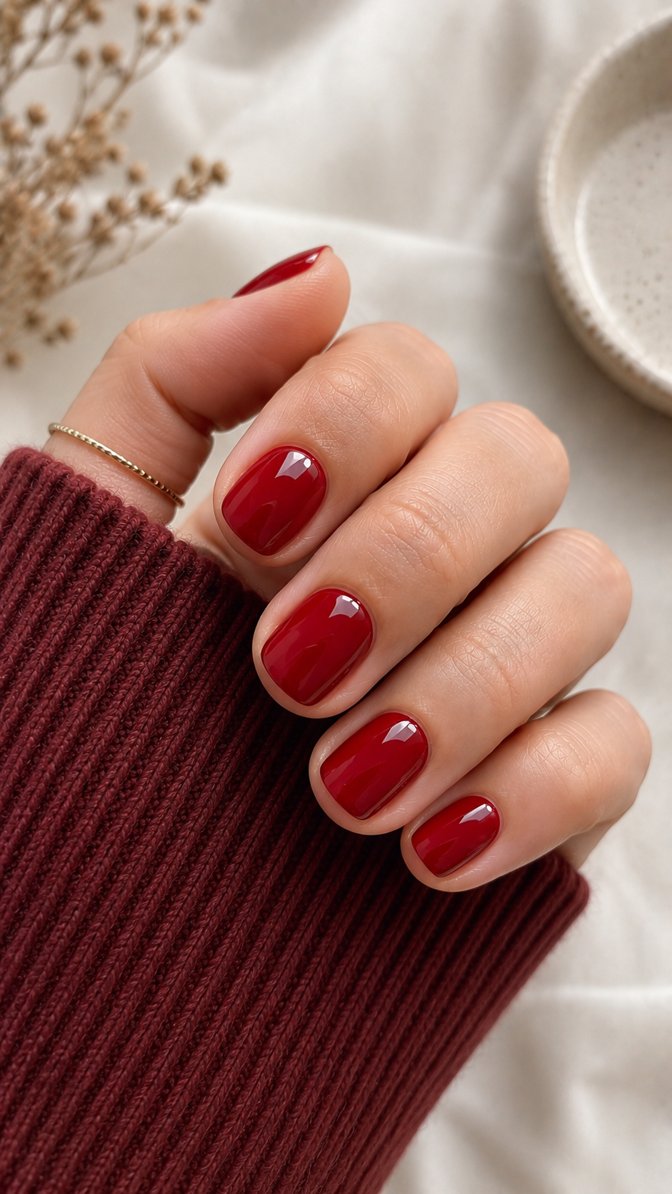 Short Glossy Cherry-Red Nails