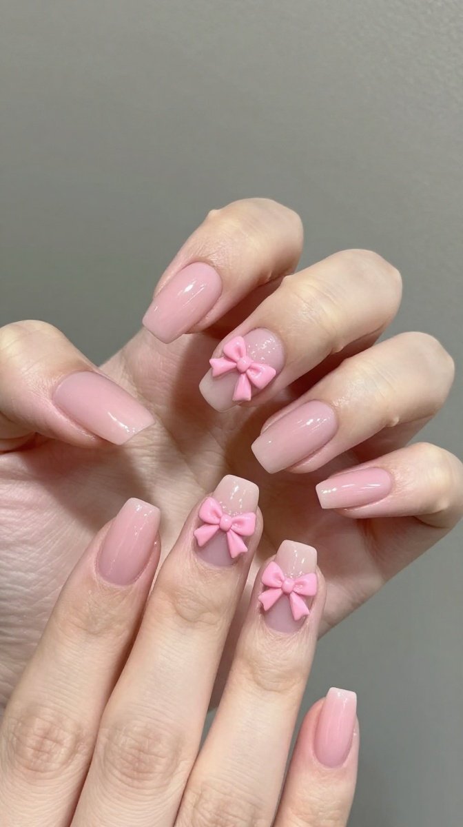 Soft Pink Round Nails with 3D Bow Details