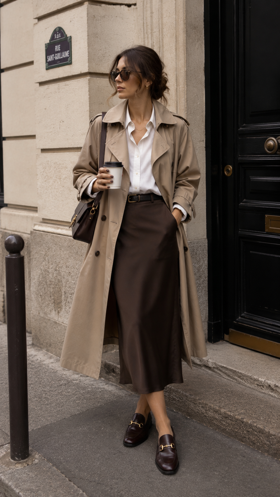 Trench + Midi Skirt + Loafers