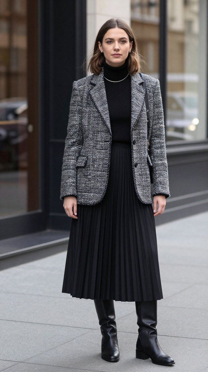 Tweed Blazer + Pleated Skirt + Boots