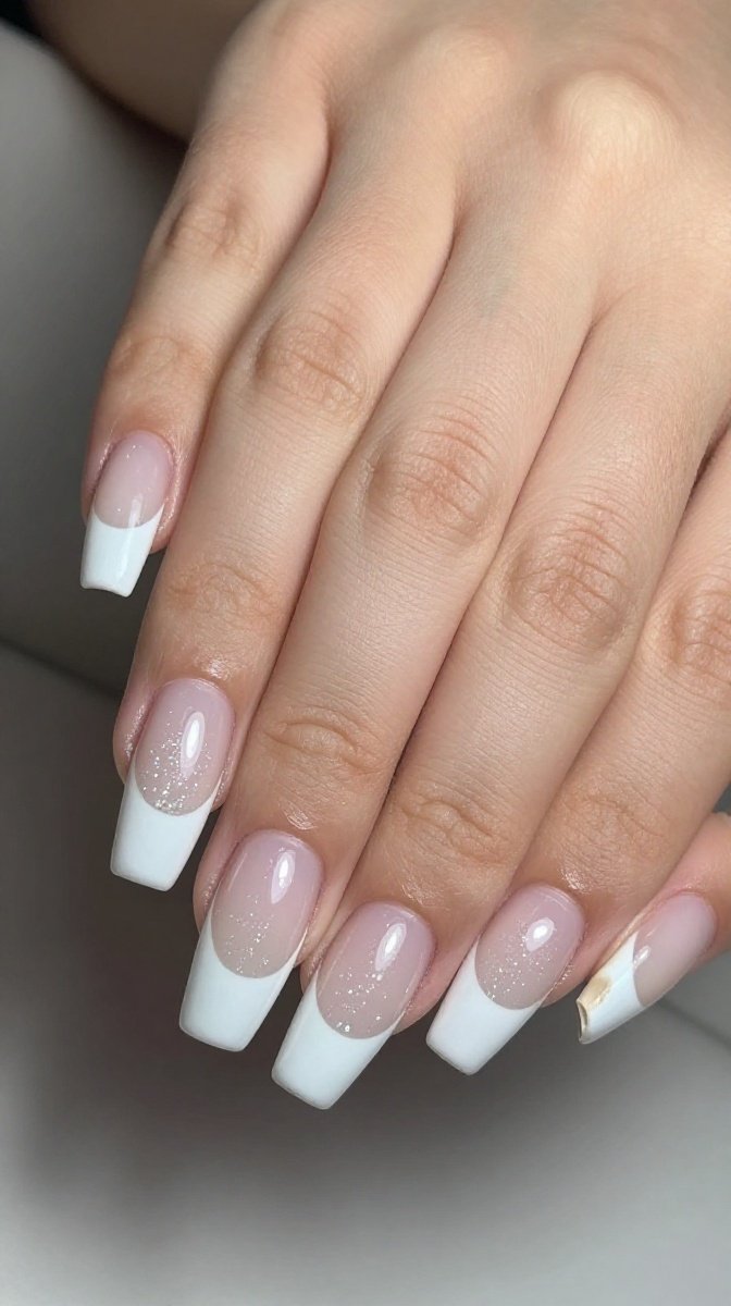 White Double French Tips with Glitter – Sparkle Without the Effort