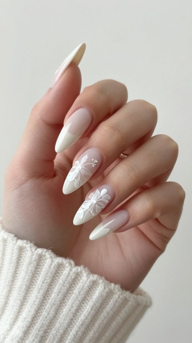 White Floral Stiletto Nails – Soft Romantic Vibes with Razor-Sharp Attitude
