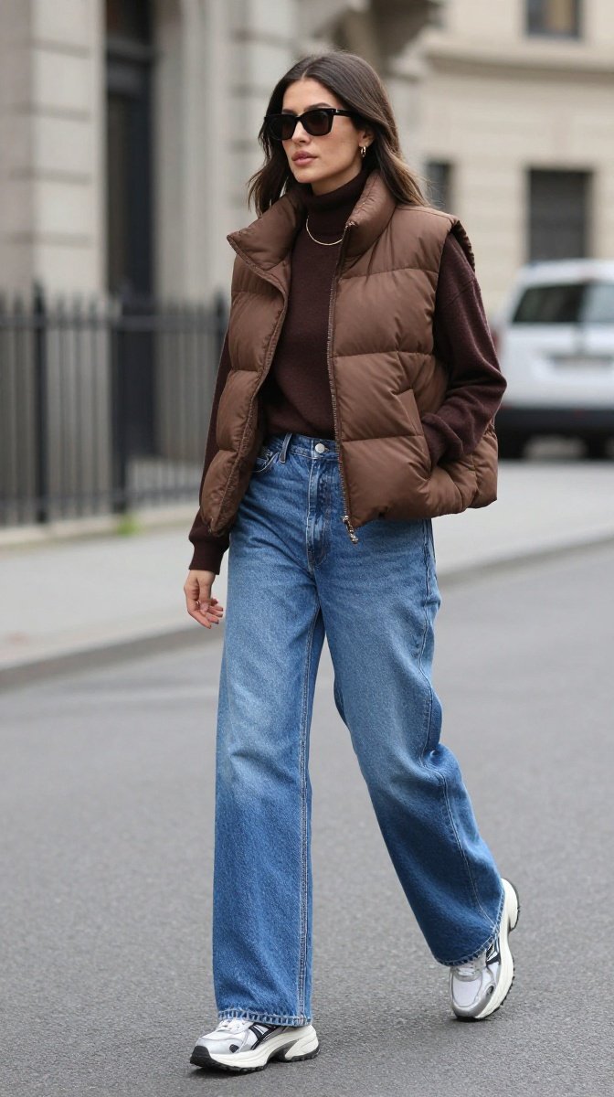 Wide-Leg Jeans + Puffer Vest + Chunky Sneakers