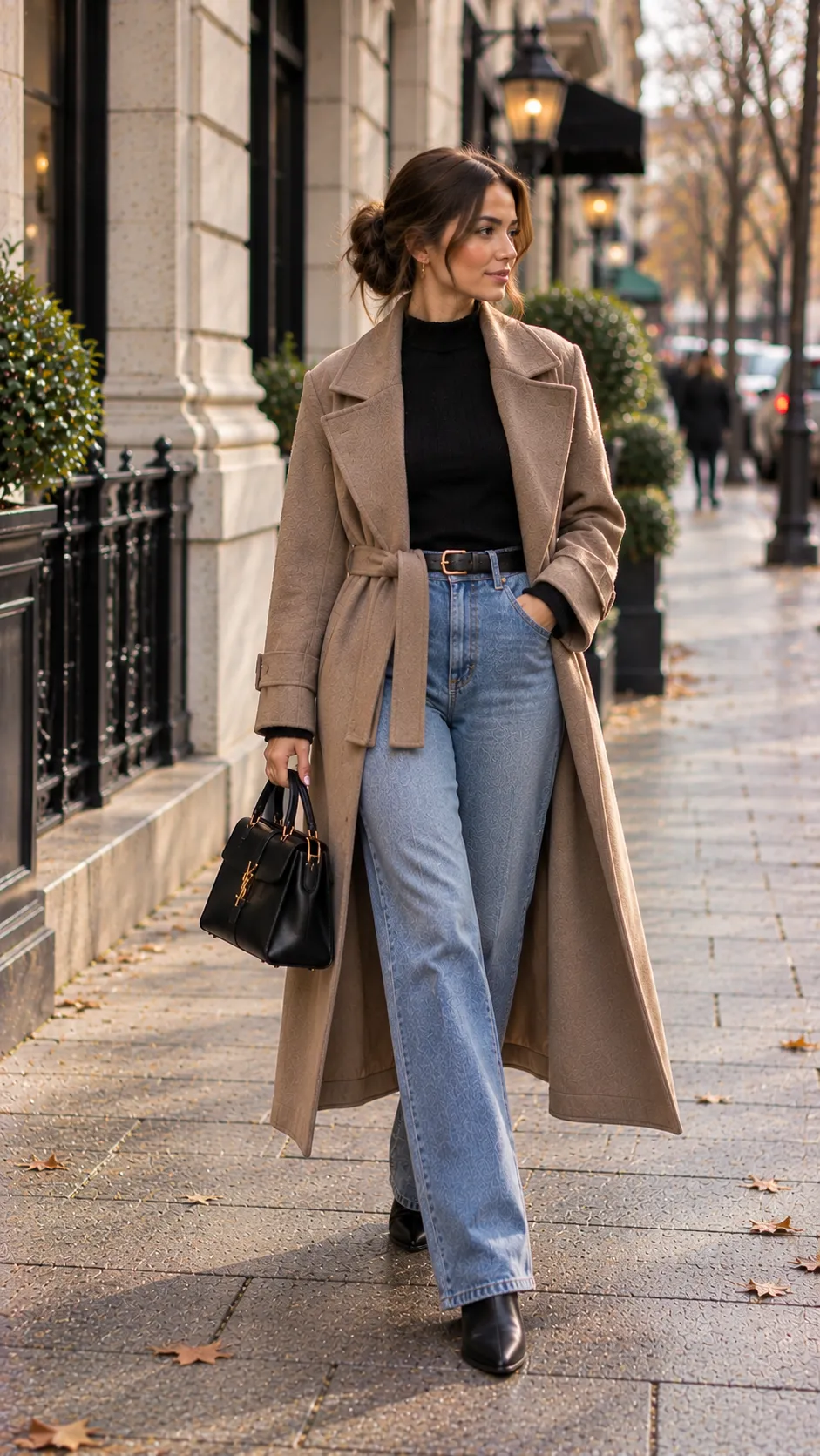 Belted Coat + Fine-Knit Sweater + Straight-Leg Jeans