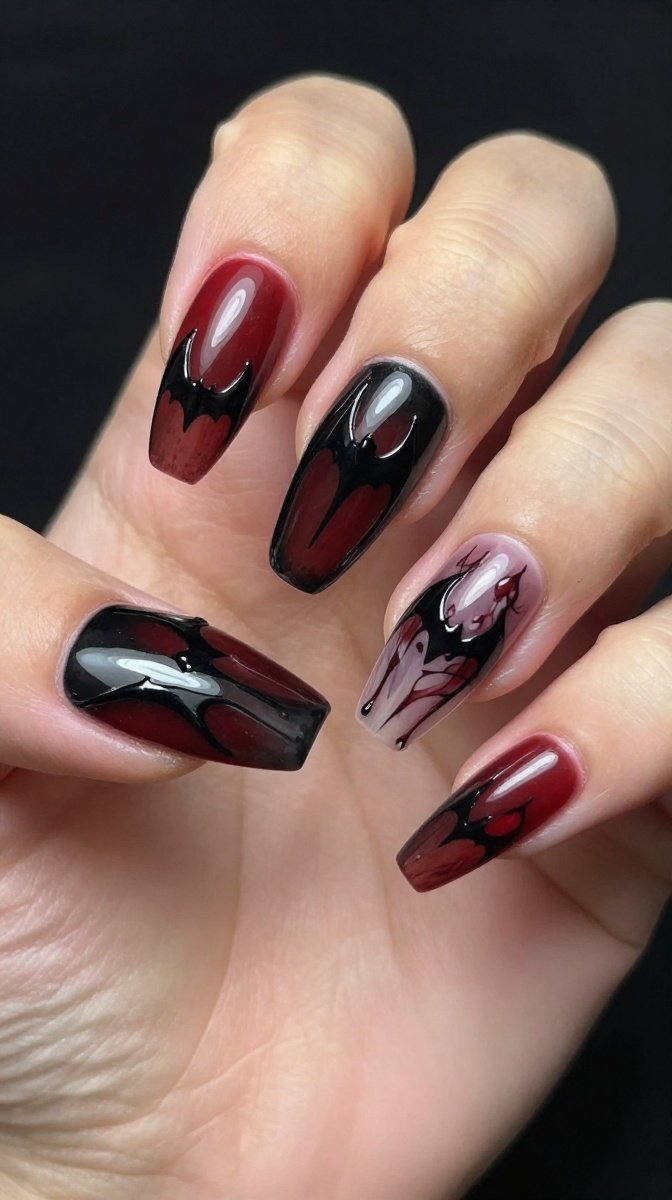 Black Bat Wings Bloody Nail Art – Creepy Nail Designs
