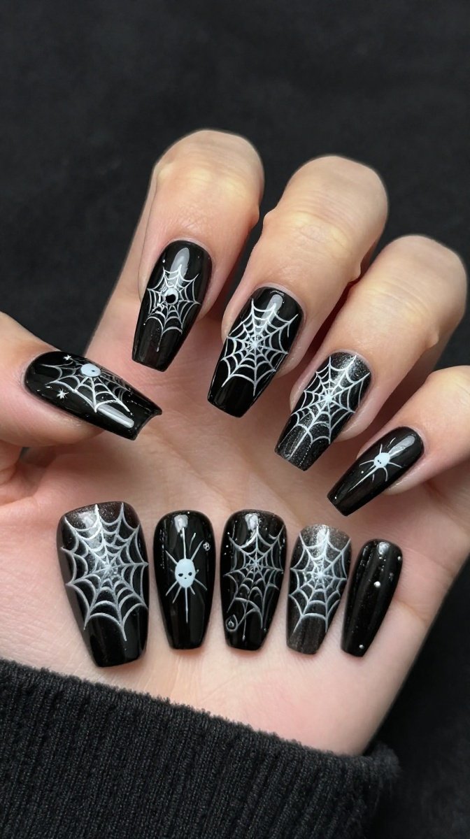 Black Coffin Nails with Tiny Spiderweb Art – Edgy Witchy Magic