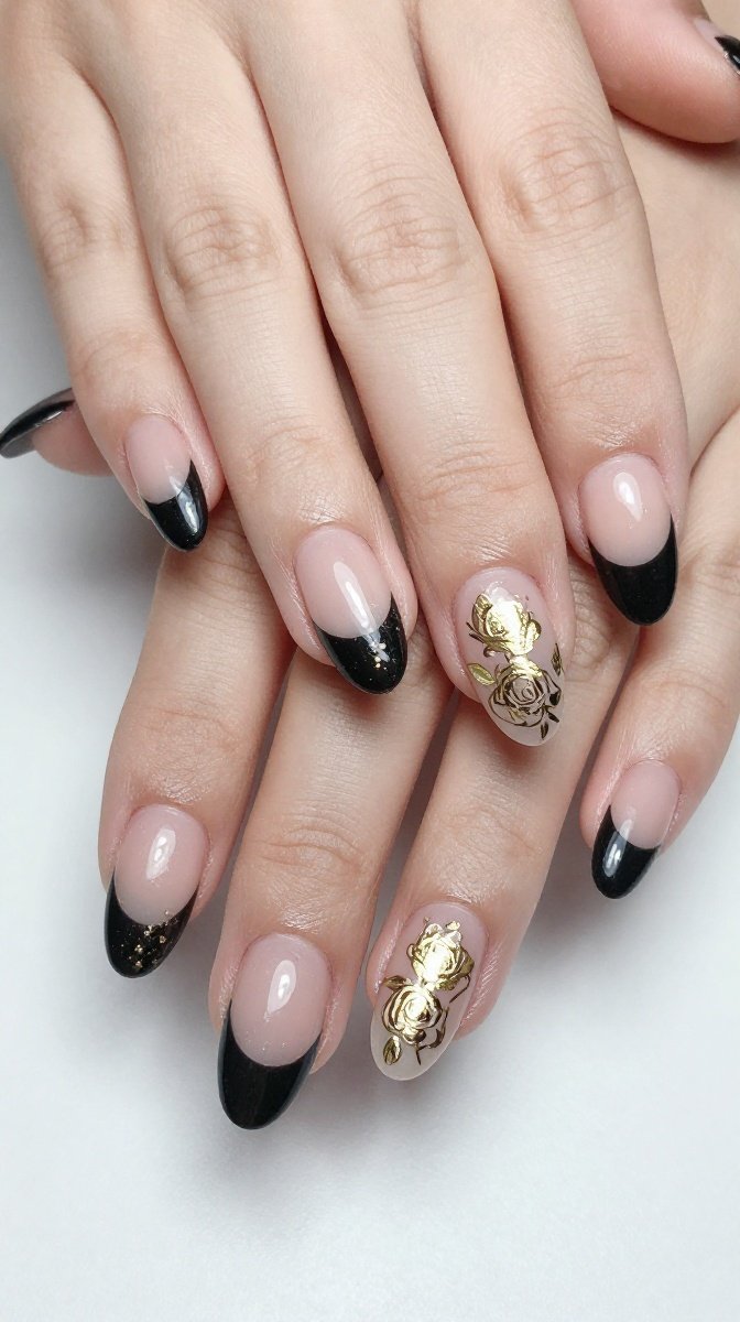 Black French Tips With Gold Foil Rose Details