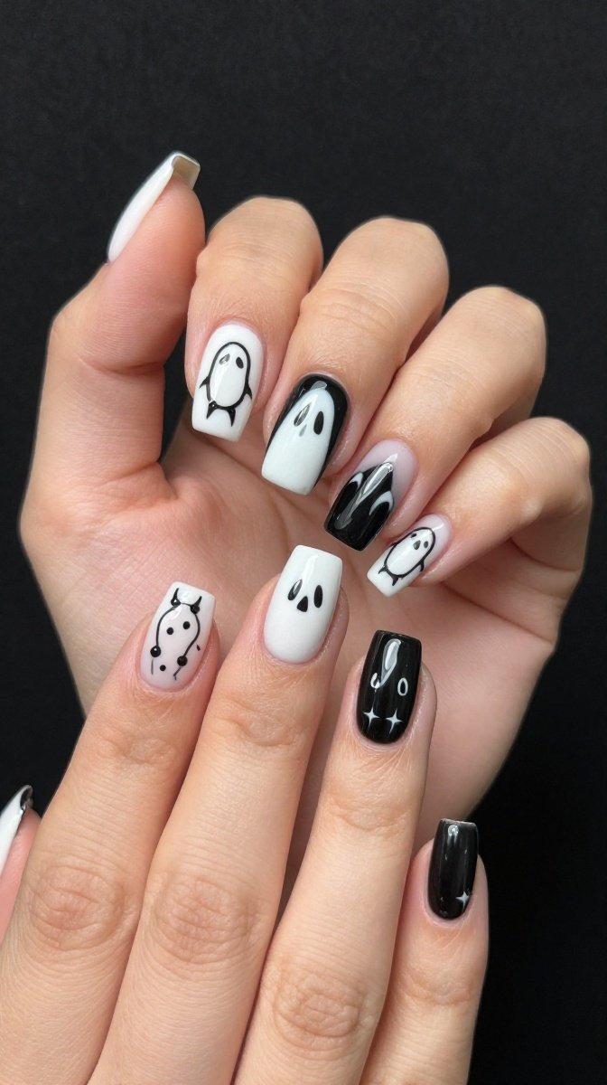 Black-and-White Ghost French Mani – Understated Ghoulish Chic