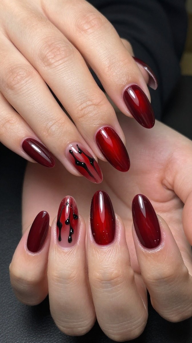 Blood Drip Dark Red Almond Halloween Nails