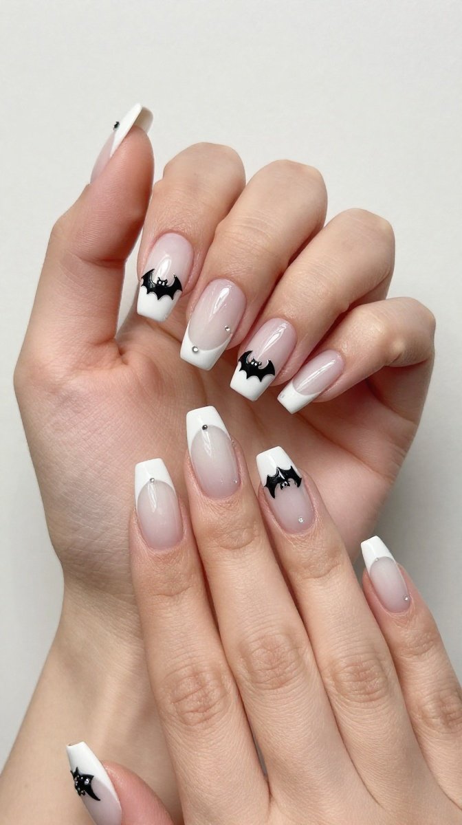 Bone-Chilling White French Tips with Tiny Bats 