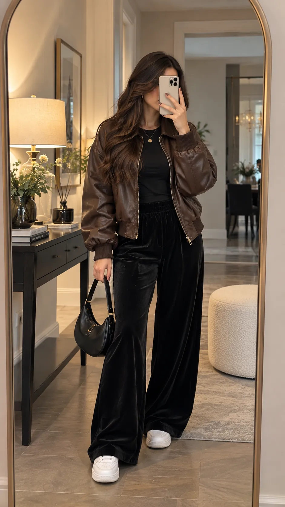 Brown Leather Jacket + Wide-Leg Trousers + Sneakers