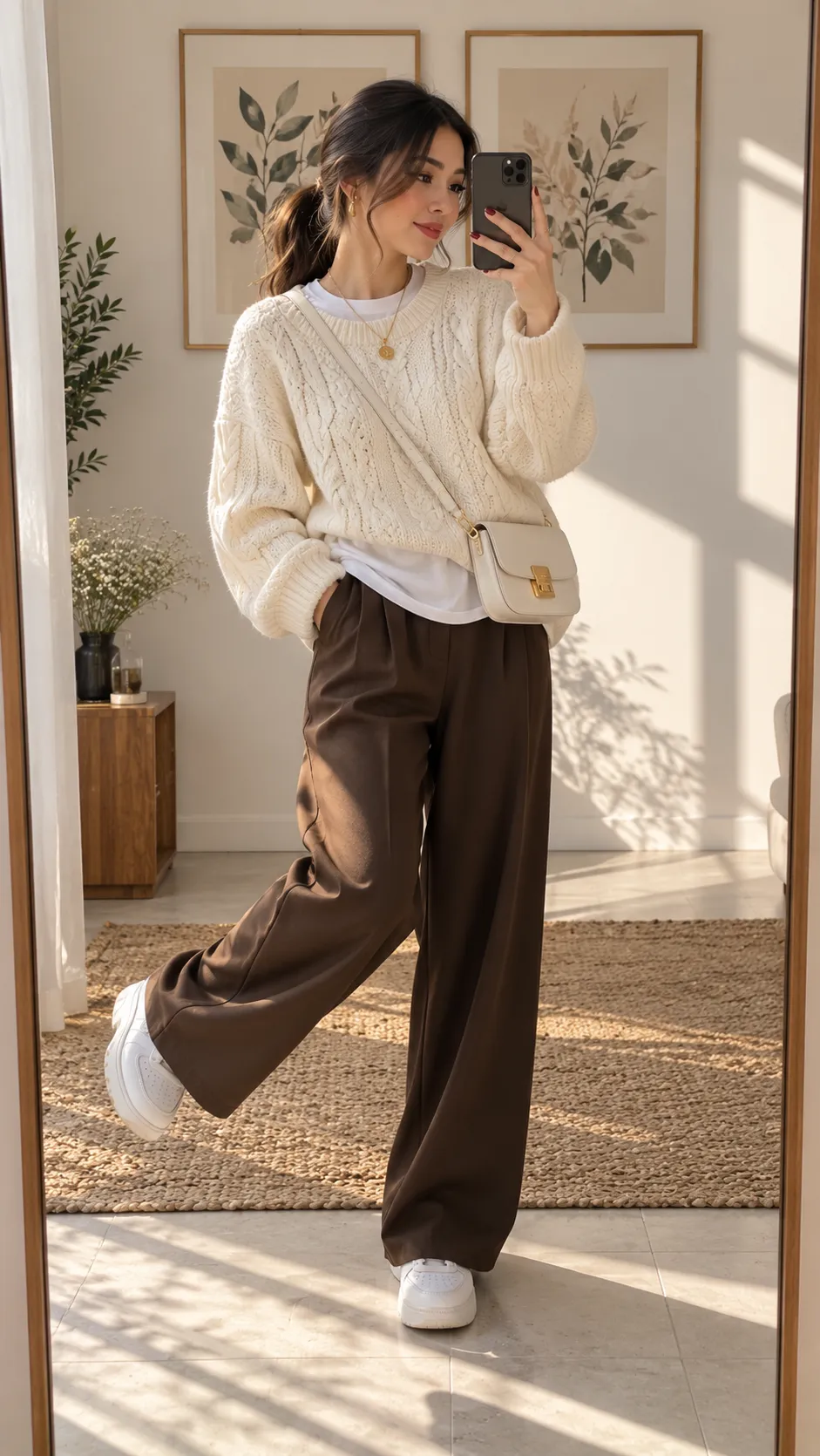 Brown Sweater + Tailored Trousers + Sneakers