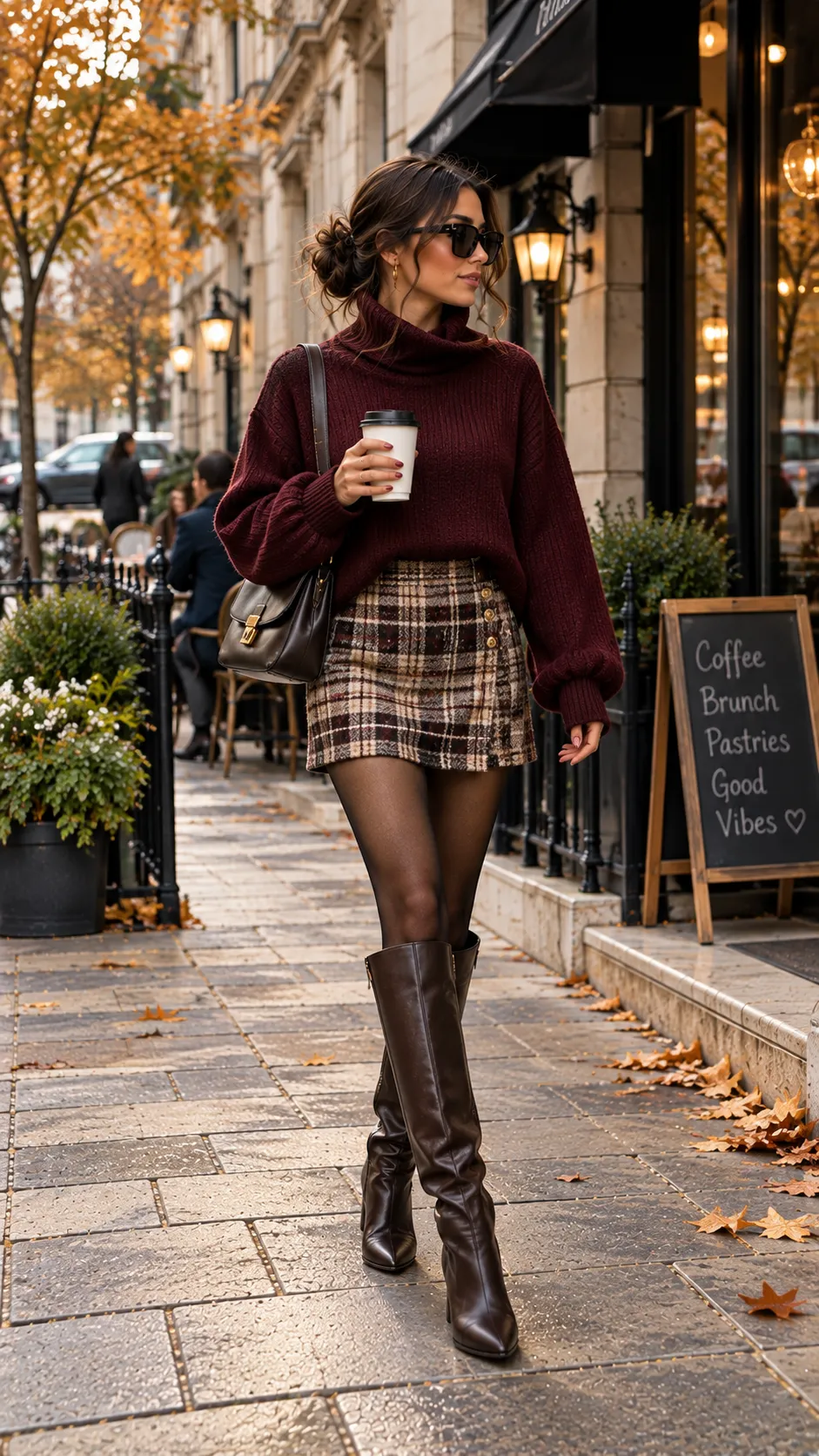 Burgundy Knit Sweater + Plaid Skirt + Tall Boots