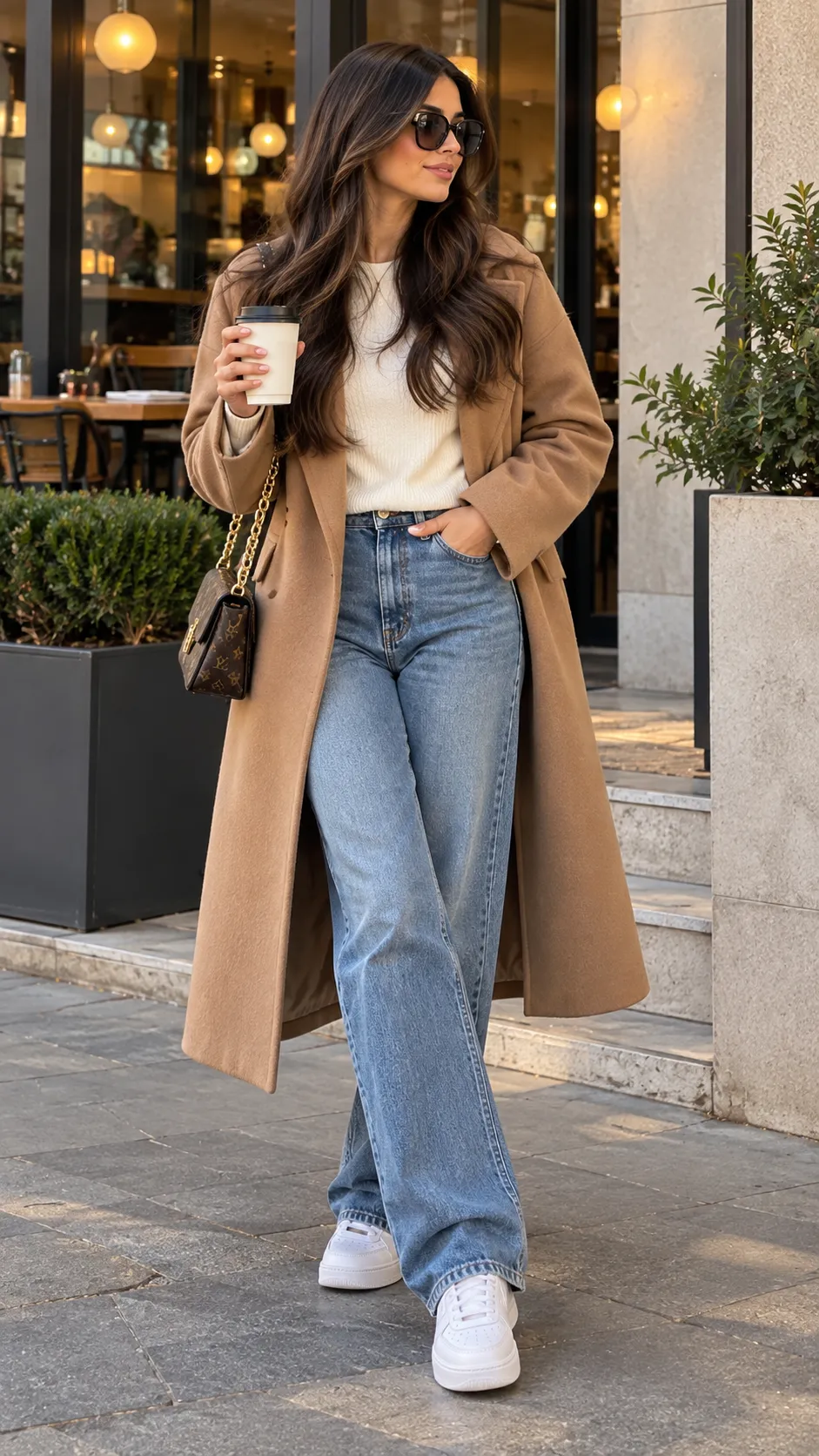 Camel Coat + Straight-Leg Jeans + White Sneakers