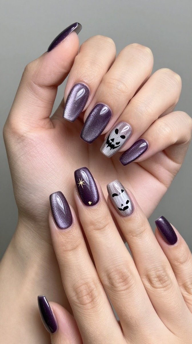 Cat Eye Purple Chrome Almond Halloween Nails