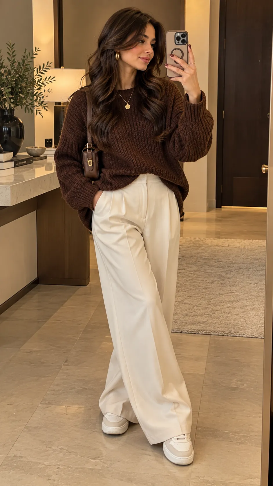Chocolate Knit Sweater + Cream Wide-Leg Trousers