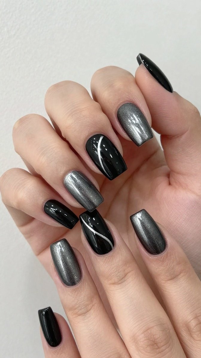 Chrome Black Coffin Nails With Silver Linework